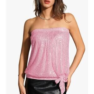 GRACE KARIN Plus Sequin Elastic Ruched Twist Knot Tie Tube Top Pink NWT Size 2XL